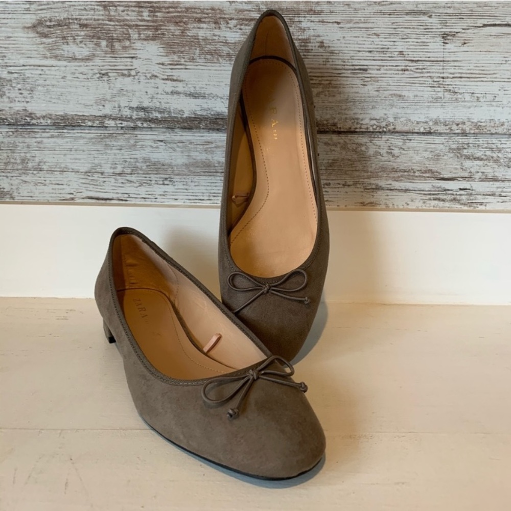 Zara ballerina taupe block heel suede bow flats 38